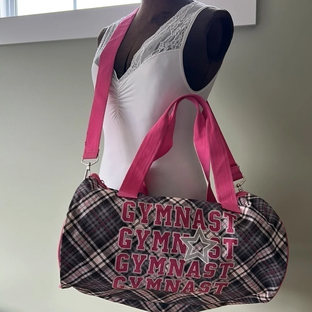 Gymnast Gymn⭐️st pink grey and black plaid adjustable shoulder strap bag euc